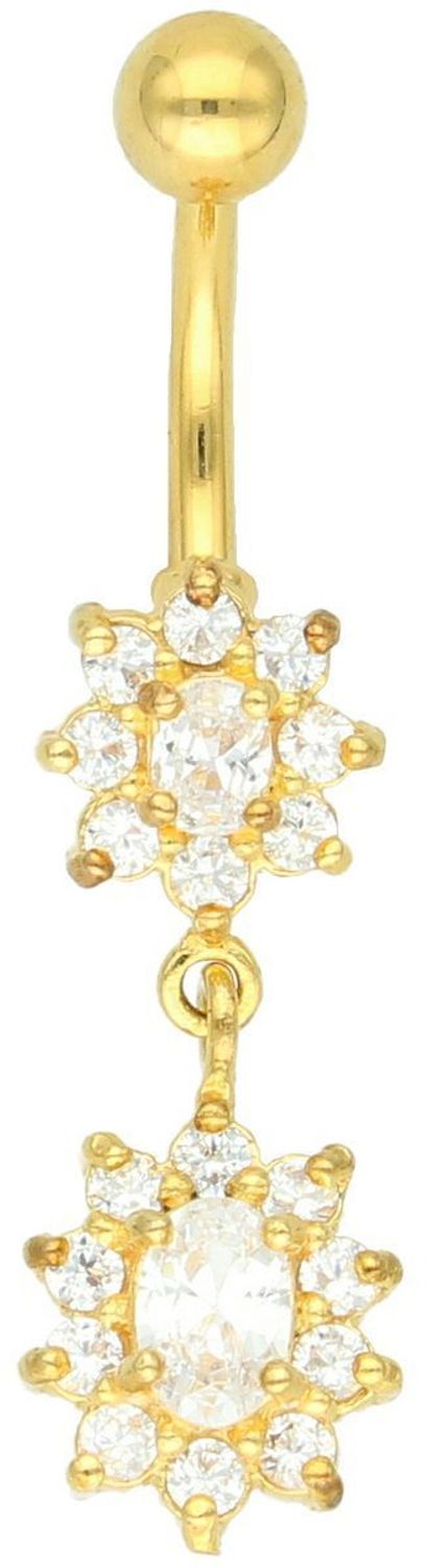 Kolczyk do pępka srebrny pozłacany próba 925, dwa kwiatki PBM1617 BIAŁY Zachwycająca lekkość i kobiecy blask – pozłacany kolczyk do pępka z dwoma wiszącymi kwiatkami w białej cyrkonii,1.jpg